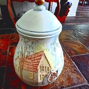 Vintage Cookie Jar with Waterwheel & Lid - Blues, Browns, Yellows, & Greens